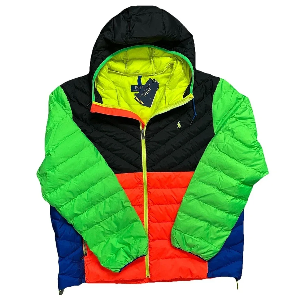 Polo Ralph Lauren Hi-Tech Colorblock Neon Puffer Hooded Jacket Mens Size XXL 2XL